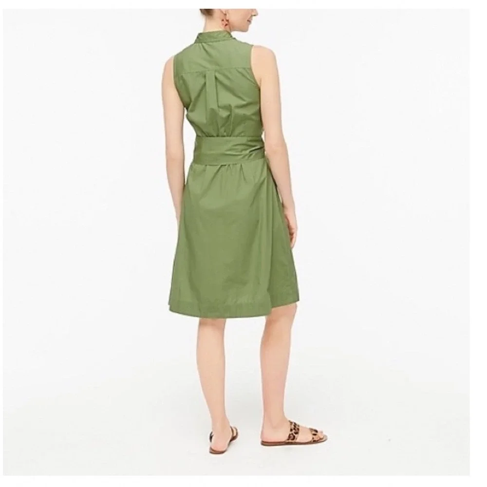 J.Crew Womens Olive Green Cotton Poplin Sleeveless Tie Waist Shirt Dress Size 2 - Picture 2 of 5